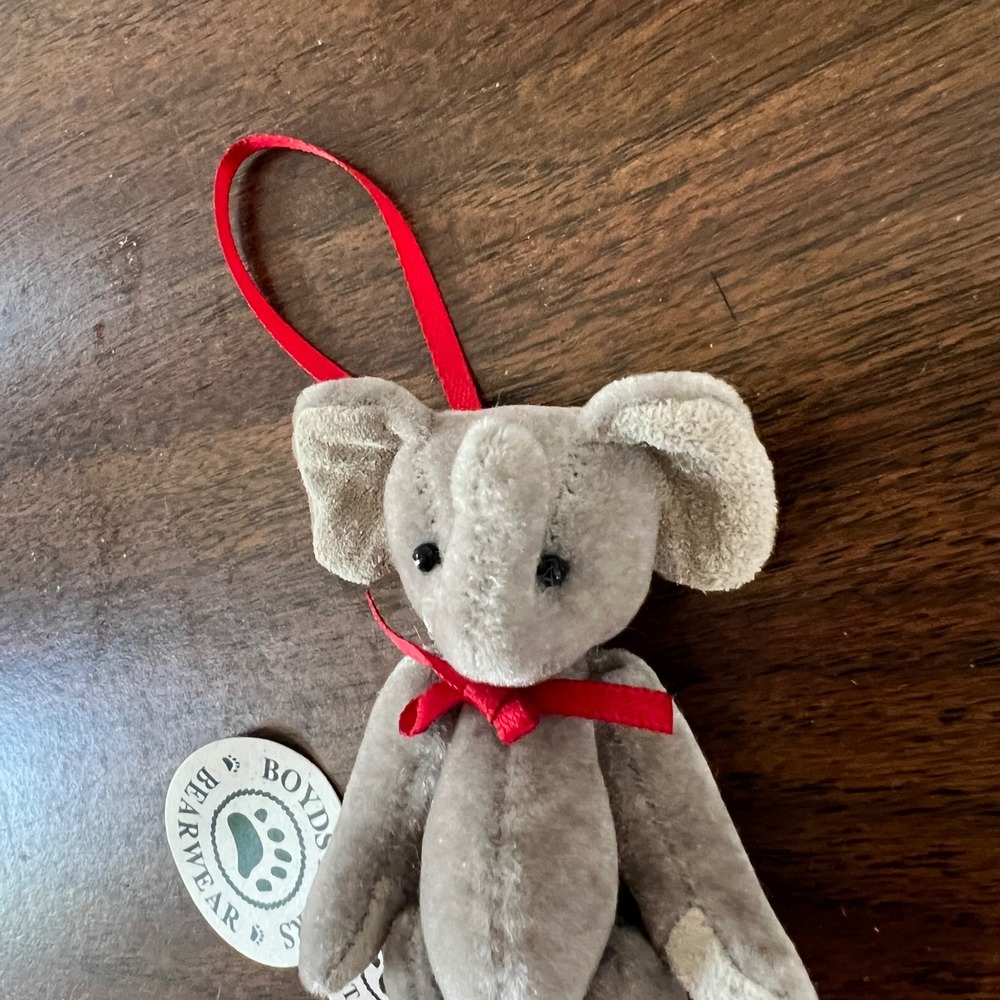 Boyds Bears TF Wuzzie Elephant Ornament Grey Plush Miniature Red Bow Tagged - Picture 3 of 4